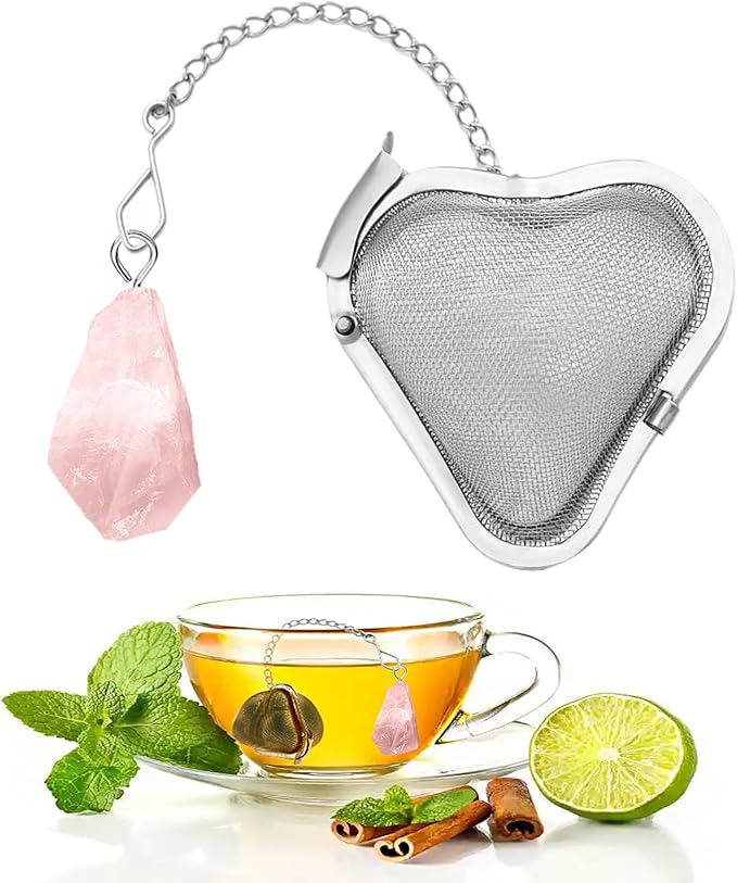1PCS Loose tea infuser，Stainless Steel Tea Strainers for Loose Tea，tea leaves infuser，Fine mesh tea ball + crystal pendant，Suitable for brewing all loose leaf teas (1, Rose Quartz)