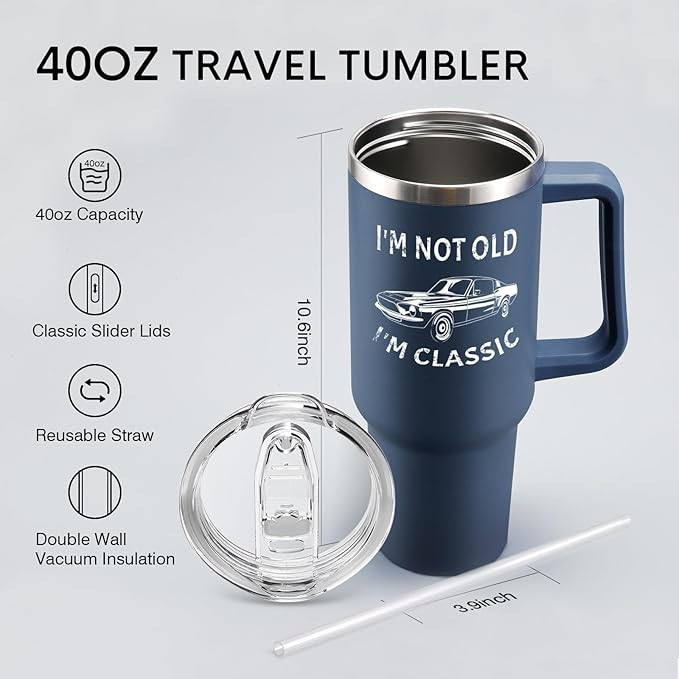 NOWWISH 40oz Tumbler with Handle and Straw for Men, I am Not Old Funny Christmas Gifts for Dad Husband Grandpa, Large Insulated Mug, Stocking Stuffer Idea - Navy Blue