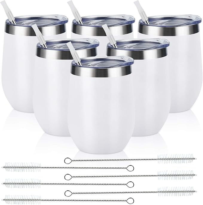 6 Pack Stainless Steel Wine Tumblers, 12Oz Insulated Wine Tumbler, Double Wall Insulated Wine Glass, Stainless Steel Stemless Wine Cups with Lids for Coffee, Wine, Cocktails, Champaign, White