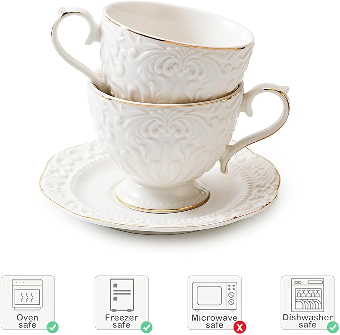 Cups and Saucers Tea Cups Set of 2, Ceramic Coffee Cups with Floral Embossed Design, 200ml (7 oz) Tea Cups and Saucers Porcelain Mugs for Birthday Party Cafe Home Mother's Day Gift