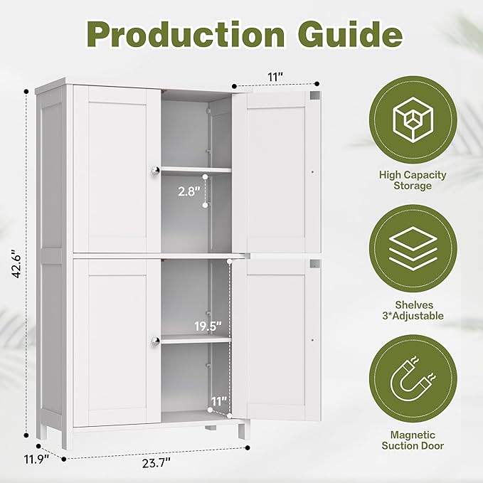 Nuturelly Bathroom Floor Storage Cabinet, Freestanding Pantry Cabinets with 4 Doors & 3 Adjustable Heights, Bathroom Organizers and Storage Waterproof Board & Metal Handles for Kitchen, Creamy White