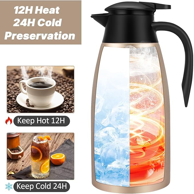 68OZ Thermal Coffee Carafes for Keeping Hot, 2 Liter Stainless Steel Thermal Carafe, Double Wall Vacuum Insulated Pitcher Tea Pot for Coffee Tea Keep Hot 12 Hours, Gold
