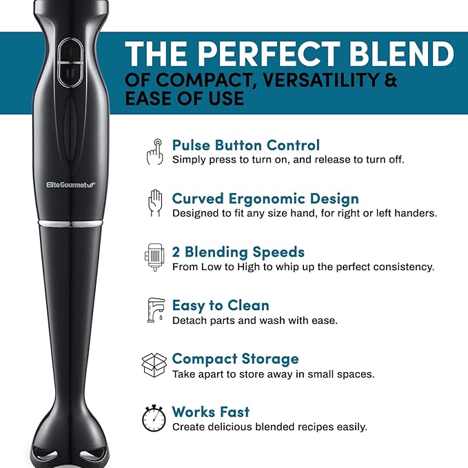 Elite Gourmet EHB1023 Immersion Hand Blender 300 Watts 2 Speed Mixing with Detachable Blades, Detachable Wand Stick Mixer, Smoothies, Baby Food, Soup, Black