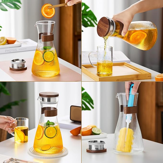 52OZ Glass Pitcher with Lid and Spout, Water Jug, 1500ml Carafe for Hot/Cold Water, Large Iced Tea Pitcher for Coffee, Juice and Homemade Beverage