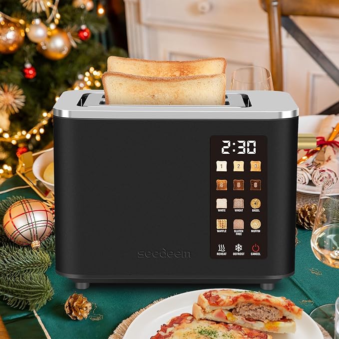 SEEDEEM Toaster 2 Slice, Touch Control Screen, Smart Stainless Toaster, 6 Shade Setting, 6 Bread Selection, Countdown, Removable Crumb Tray, 900W, Matte Black