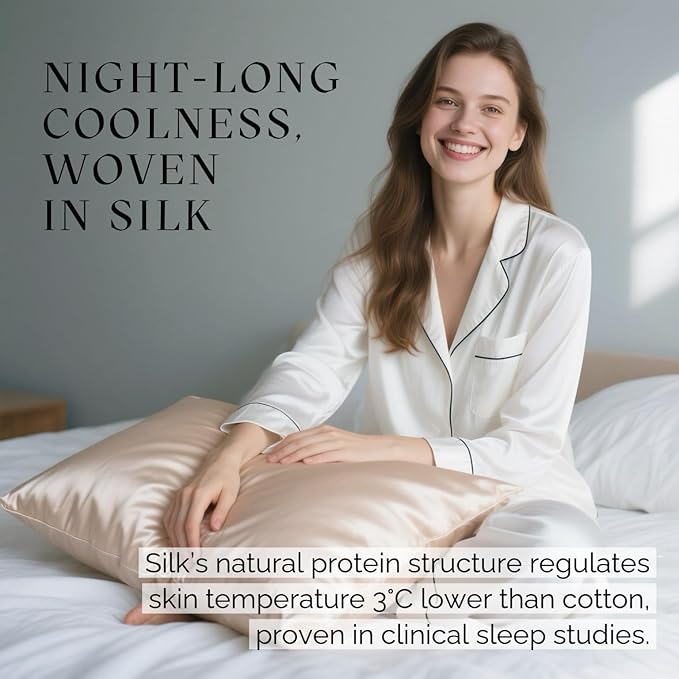 Ravmix Silk Pillow Cases with Zipper, 21 Momme Mulberry Silk Pillowcase for Hair Skin Health, Soft Smooth Breathable Cool Pillow Cover for Beauty Sleep with Gift Box(Standard 20"x26", Beige) 1PC