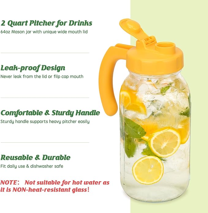 Soligt Glass Mason Jar Pitcher with Lid, Wide Mouth Flip Cap Pour Spout Leak-proof Lid with Handle, 64 oz (2 Quart /1.9 Liter), for Sun Tea/Iced Tea/Juice/Cold Brew Coffee/Milk (1 Pack, Vivid Yellow)