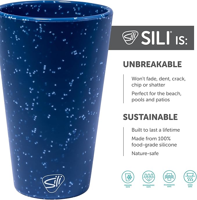 Silipint 16oz Silicone Pint Glass – Unbreakable BPA-Free Reusable Silicone Drinking Cup – Flexible Dishwasher Microwave & Freezer Safe – Stemless Glass for Coffee Smoothies (Speckled Blue)