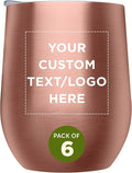 Custom Stemless Wine Glass Tumblers with Lids by Largo 11 oz. Set of 6, Personalized Bulk Pack - Perfect for Wine, Cocktails, Other Hot & Cold Beverages - Rose Gold