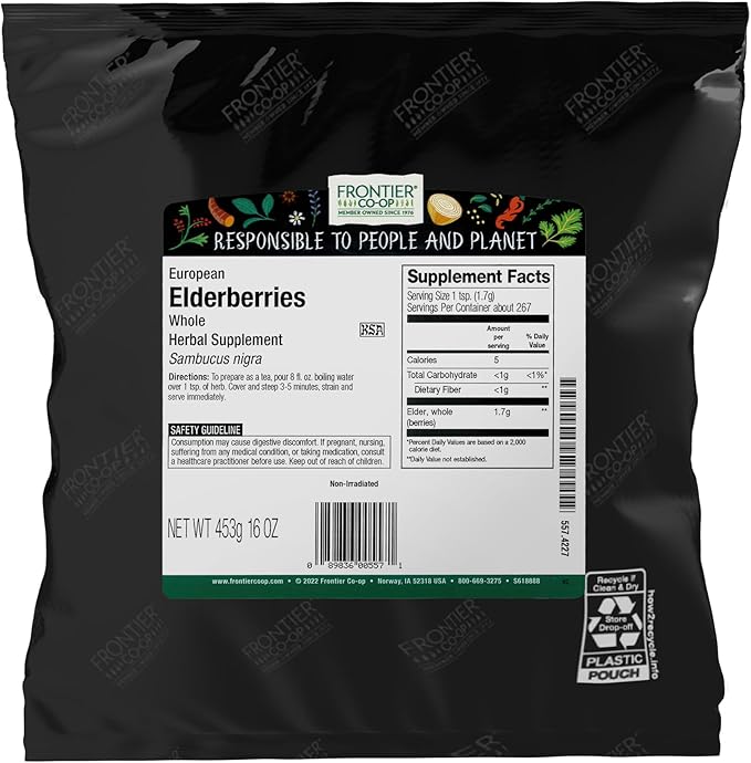 Frontier Co-op Dried Elderberries, 1lb Bulk Bag, European Whole | Kosher and Non-GMO Elderberry Dried Fruit for Powder, Tea, Immune Support