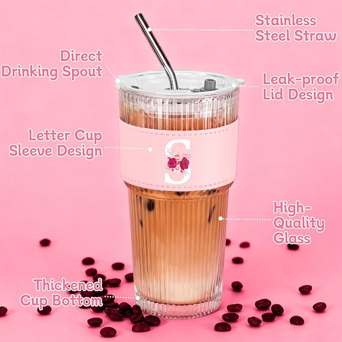 Personalized Gifts for Women,20oz Ribbed Glass Tumbler,Monogrammed Gifts for Women,Birthday Gift,Ice Coffee Mug,Christmas Gift for Mom Sister-S