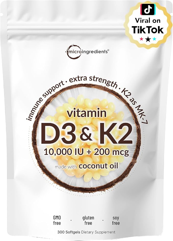 Vitamin D3 10000 iu Plus K2 (MK-7) 200 mcg, 300 Virgin Coconut Oil Softgels| 2 in 1 Vitamins D & K Complex | Supports Calcium Absorption, Bone, Immune, & Heart Health* – Easy to Swallow