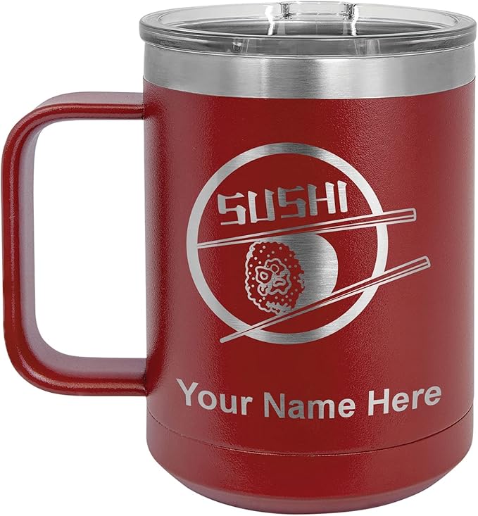 LaserGram 15oz Vacuum Insulated Coffee Mug, Sushi, Personalized Engraving Included (Maroon)