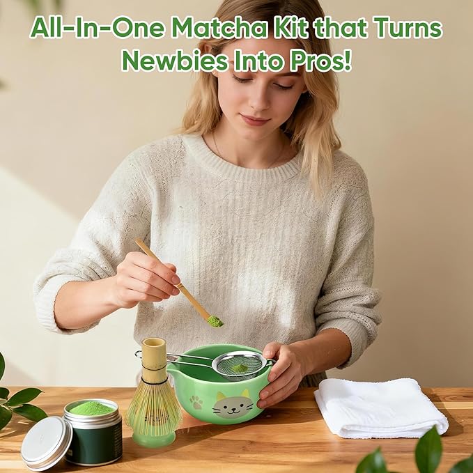 Matcha Whisk Set, 5Pcs Ceramic Matcha Set Includes Matcha Bowl, Matcha Whisk and Holder, Bamboo Scoop and Sifter, Ideal Matcha Bowl Set for Authentic Matcha Tea Experience