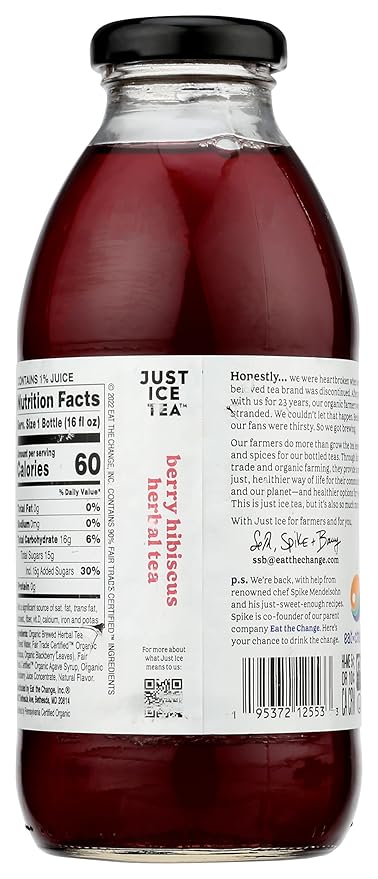 Eat The Change Just Ice Tea Organic Berry Hibiscus Herbal Tea, Caffeine Free, 16 Fluid Ounces (Pack Of 12)