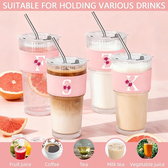 Personalized Gifts for Women,20oz Ribbed Glass Tumbler,Monogrammed Gifts for Women,Birthday Gift,Ice Coffee Mug,Christmas Gift for Mom Sister-F