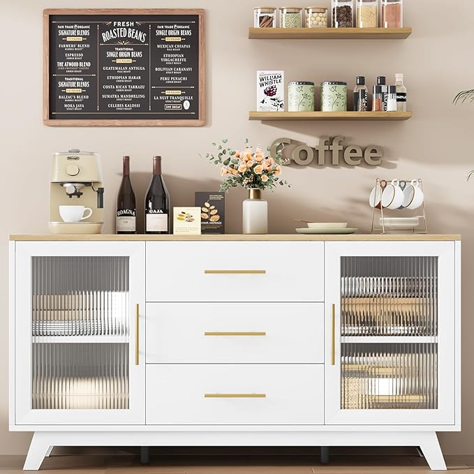 GarveeHome 56 Inch Buffet Cabinet Sideboard with Fluted Glass Doors and Gold Handles, Modern Sideboard Storage with Adjustable Shelves, Coffee Bar Cabinet for Kitchen Dining Room Living Room Entryway