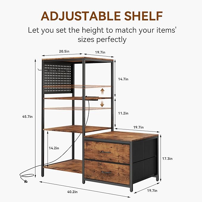 Mini Fridge Stand with Adjustable Shelf, Power Outlet & Storage, Kitchen Organizer for Microwave, Coffee Bar, Dorm, Office (Brown)