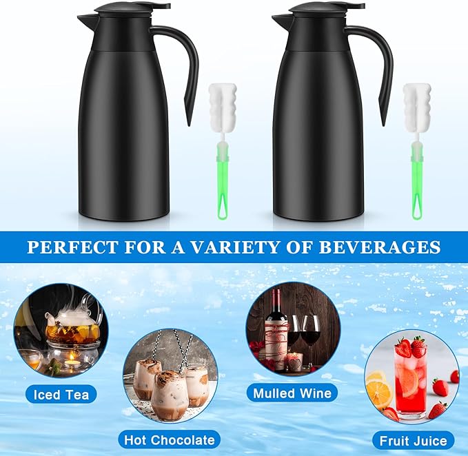 Uiifan 2 Pcs 68oz Thermal Carafe Insulated Stainless Steel Carafe Double Walled Vacuum Flask with Brushes for Keeping Coffee Tea for 12 Hours (Black)