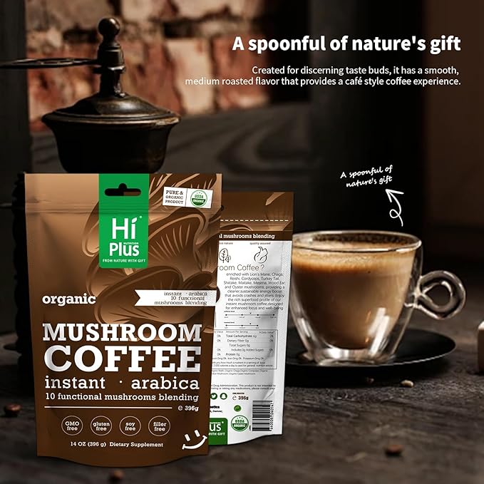 Organic 10-in-1 Mushroom Coffee Powder with Lion’s Mane & Reishi, Instant Arabica Blend for Smooth Energy, Focus & Immune Support, Low-Acid, 158 Servings