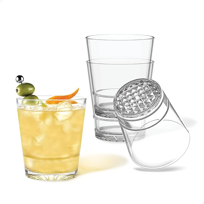 TOSSWARE RESERVE 12oz Stacking Double Old Fashioned - Daimond Base, SET OF 4, Premium Quality, Tritan Dishwasher Safe & Heat Resistant Unbreakable Plastic Whiskey Glasses