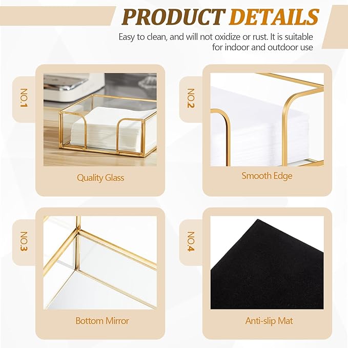 LemonRoad 2 Pcs Square Gold Napkin Holder for Table 5.7 x 5.7 Inch Decorative Cocktail Napkin Holder Glass Flat Paper Basket for Kitchen Dining Buffet Bar Counter Wedding Party Restaurant Bar Hotel
