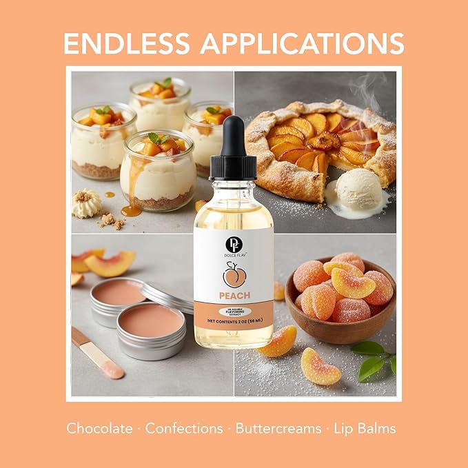 Dolce Flav Peach Extract – 2 Ounce Oil-Soluble Kosher, Sugar-Free, Concentrated Juicy Peach Flavoring for Baking, Chocolates & Desserts, Includes Measured Dropper