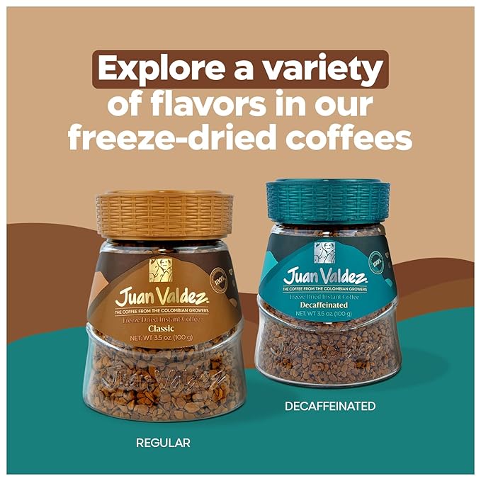 Juan Valdez Freeze-Dried Instant Coffee Bundle - Regular & Decaffeinated | 100% Colombian Arabica Beans | Smooth & Rich Taste - Premium Colombian Coffee | 2 Jars - 3.5 oz (100 g) Each