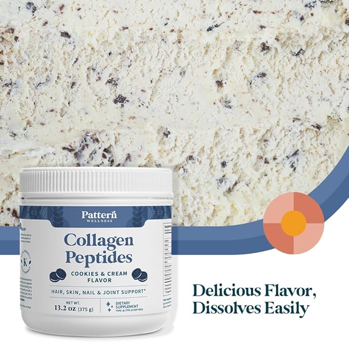 Pattern Wellness Collagen Peptides Powder (Type I & III) - Hair, Nails, Skin & Joint Support - Grass Fed & Pasture-Raised - Hydrolyzed, Non-GMO, Dairy Free, & Keto-Friendly - Cookies & Cream (13 Oz)