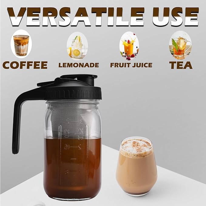 TECHSHARE Cold Brew Coffee Maker Jar 32oz – Heavy Duty Mason Pitcher with Stainless Steel Filter, Wide Mouth Spout Lid & Handle for Iced Coffee, Tea, Lemonade, and Fresh Fruit Drinks