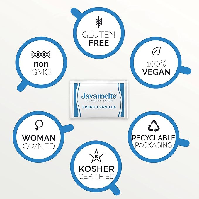 Javamelts French Vanilla Flavored Sugar Packets | Pure Cane Sugar for Baking, Coffee Syrup Substitute, Cocktails, Tea | Non GMO, Non Dairy, Gluten Free, Kosher | 200 Bulk Sugar Packets
