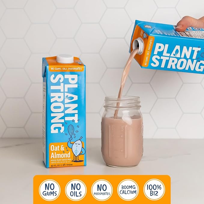 PLANTSTRONG Plant-Based Milks – Non-GMO, Plant-Based, Vegan, Gluten-Free, Dairy-Free, Lactose-Free, Shelf-Stable, No Gums or Oils (Pack of 6 (32 Fl. Oz.), Oat & Almond w/Recipe Gu)