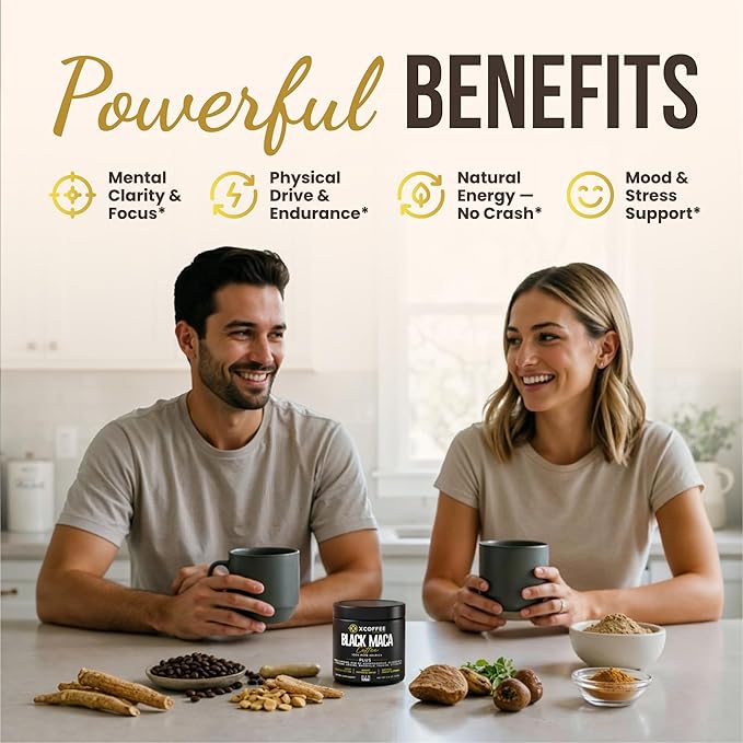 Black Maca Adaptogenic Coffee – Instant Arabica Medium Roast with | KSM-66 Ashwagandha | Ginseng | Natural Energy, Focus & Stamina Blend with Taurine, Rhodiola & Citicoline