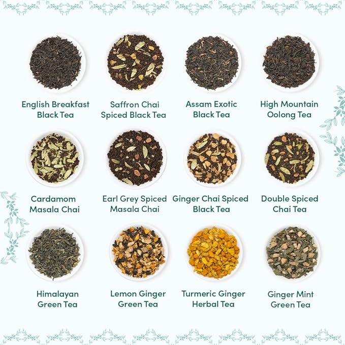 VAHDAM, Bloom - Assorted Christmas Tea Gift Sets (12 Loose Leaf Tea) Tin Caddy Presentation Box | Gluten Free, Non GMO | Holiday Gifts for Everyone