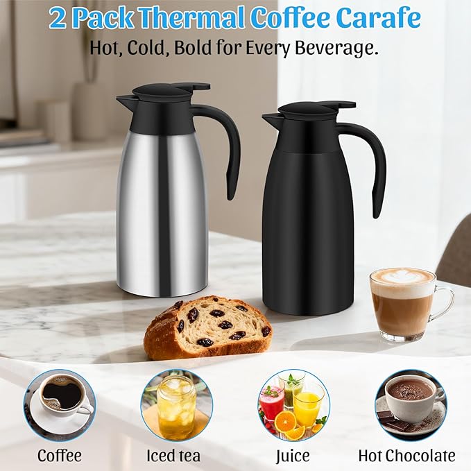 70oz Thermal Coffee Carafe Insulated Coffee Thermo,2 Pack Stainless Steel Thermo Pitcher,Double Walled Vacuum Insulation Coffee Carafes For Keeping Hot,Tea Water Hot Beverage Dispenser
