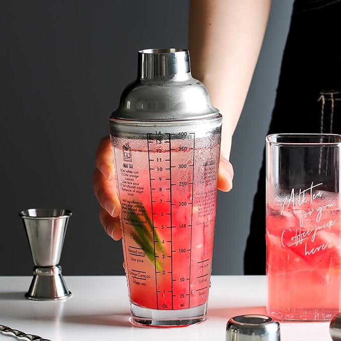 Cocktail Shaker Glass,Martini Shaker With Recipes on Side 13.5oz Mixed Drink Shaker with Glass Cup Professional Bar Tool with Scale Glass (Recipes)
