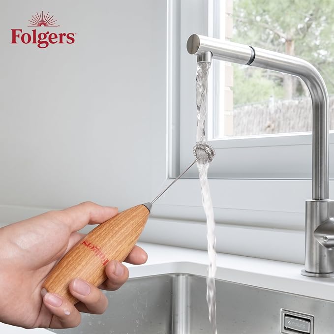 Folgers Electric Coffee Milk Frother – Handheld Battery-Operated Drink Mixer with Stainless Steel Whisk & Stand, Wood-Grain Finish, Perfect for Lattes, Cappuccinos & Hot Chocolate