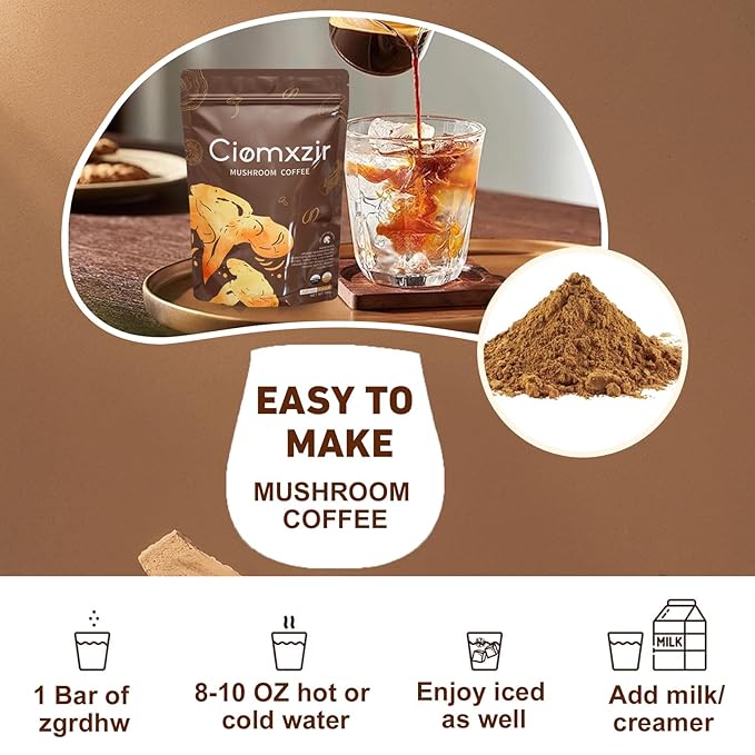 Mushroom Coffee, Instant Organic Mushroom Coffee with Cordyceps, Reish, Turkey Tail, Lions Mane for Energy, King Trumpet, Shitake, Focus,Positive Mood & Immune Support (30 Servings)