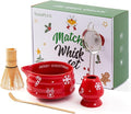 5pcs Premium Matcha Set,Ceramic Bowl with Spout and Bamboo Whisk set, Ceremonical Matcha Kit for holiday,Tea Starter Making Kit,Christmas Matcha Gift set (Reindeer Red)