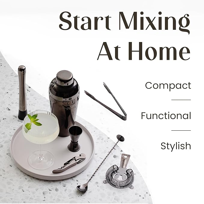 Mixology & Craft Cocktail Shaker Set: 10-Piece Bartender Kit with Stand | Complete at Home Bar Set with Bar Accessories | Great Housewarming Gift | Leak-Proof Design (Gun-Metal)