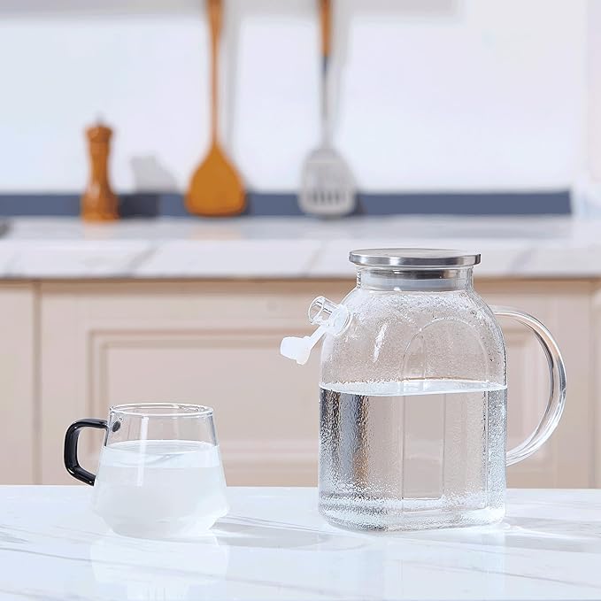 Purefold 1.5 Liter/50 oz Water Pitcher with Full Seal Lid and Spout, High Borosilicate Glass Jug, Leakproof Fridge Door Carafe for Iced Tea, Coffee, Juice, Milk Beverage