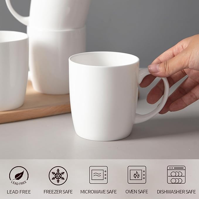 Bone China Mug Set (10 oz, Set of 4) – White Luxury Fine Porcelain Mugs for Tea, Coffee, Latte Art, Barista Use, Elegant Gifting