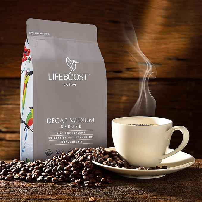 Lifeboost Medium Roast Swiss Water Decaf Coffee Ground - Non-GMO Low Acid Single Origin USDA Decaf Organic Coffee - Third Party Tested For Mycotoxins & Pesticides - 12 Ounces