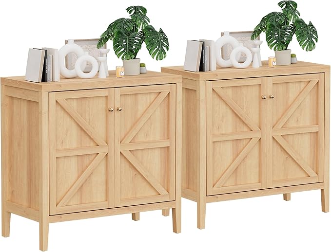 Wood Sideboard Buffet Cabinet with Doors - Farmhouse Kitchen Storage Cabinet, Coffee Bar Console Table with Adjustable Shelves, Buffet Table for Living Room, Hallway (Natural Oak, 2 PCS)