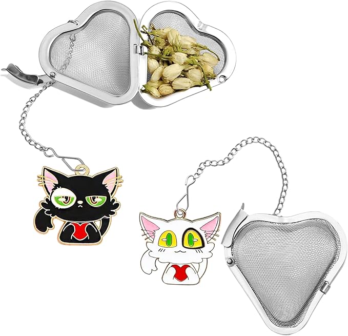 Cute cat Tea infuser, 2pcs loose tea strainer, Heart shaped tea ball + animal pendant, reusable tea steeper makes afternoon tea meaningful (Big eyed Cat, 2PCS)