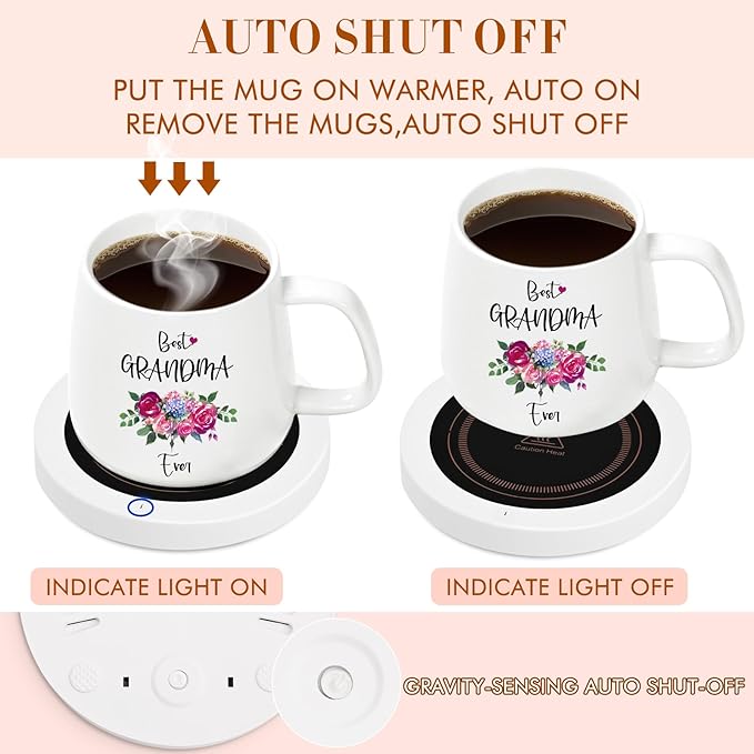Coffee Mug Warmer, Best Grandma Ever Mug, Coffee Cup Warmer for Desk, Gifts for Grandma, White Heated Coffee Warmer for Nana Home Office Christmas Birthday Gifts