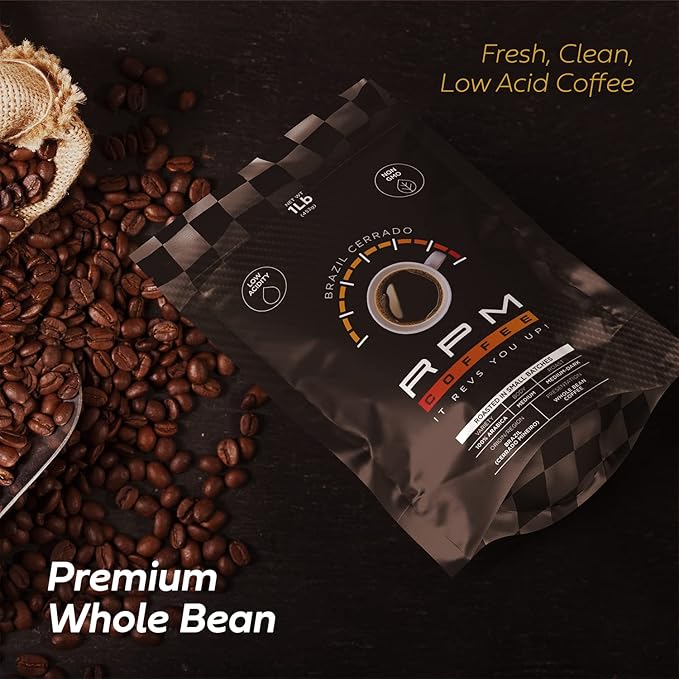 2LB RPM Brazil Cerrado Premium Coffee, Standard Caffeine - Supercharged Flavor, Medium-Dark Roast, 100% Arabica Beans, Low Acidity