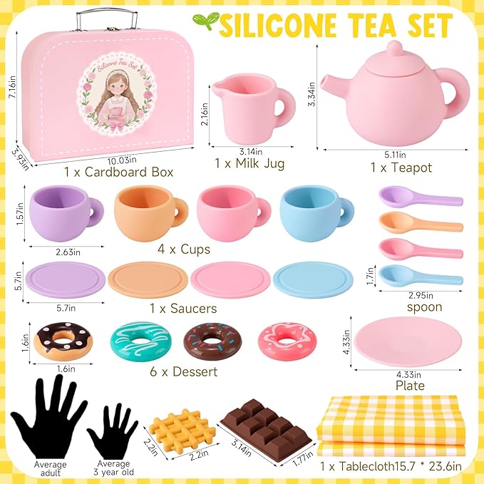 Silicone Tea Set for Toddlers, Tea Party Set for Little Girls, Kids Pretend Role Play Kitchen Toys, Toddler Girl Birthday Gifts Age 2-5 Year Old