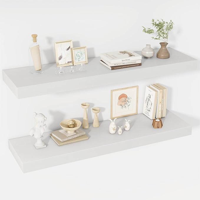 40 Inch Floating Shelves, 12" Deep Floating Shelf Wall Mounted, 40" Wall Shelves, Rustic Deep Bookshelf, Extra Deeper & Thicker Display Shelves for Bedroom, Living Room, White, Set of 2