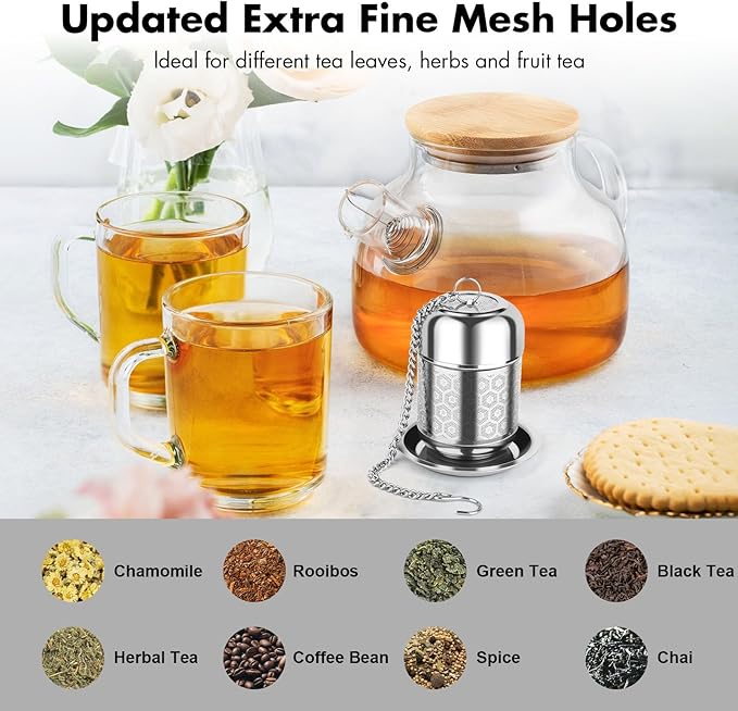 Tea Infuser for Loose Leaf Tea, Extra Fine Mesh Tea Strainers, 304 Stainless Steel & Updated Slim Threaded Lid, Loose Leaf Tea Steeper for Brew Tea, Spices, Rooibos